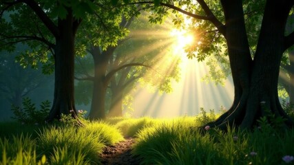 Obraz premium Sunbeams filtering through lush forest trees on a peaceful morning trail scene.