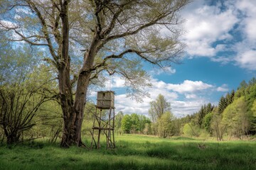 Spring Landscape with Deer Hunting Blind Amidst Trees and Lush Green Grass