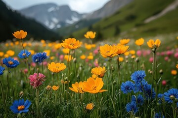 Obraz premium Colorful wildflowers bloom in a mountain valley during springtime, creating a vibrant natural tapestry