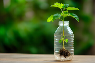 Young green plant growing in a plastic bottle with visible roots, symbolizing sustainability, recycling, eco-friendly gardening, reuse, nature preservation, and environmental education