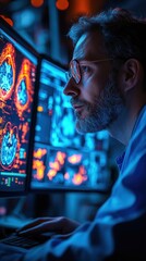 Focused scientist reviewing brain scans