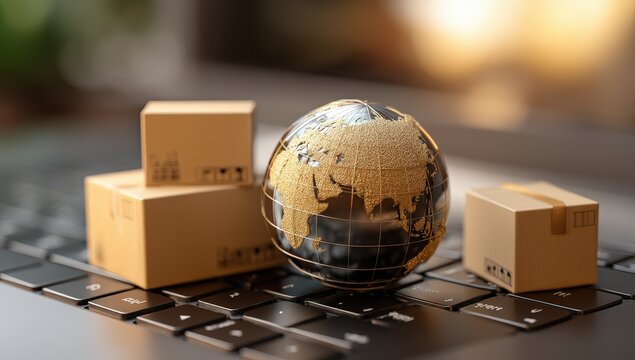 Global e-commerce concept: packages on keyboard.