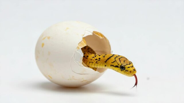 Baby Snake Hatching from Egg - A small, yellow and black snake emerges from a cracked white egg against a plain white background.  The snake's tongue is extended