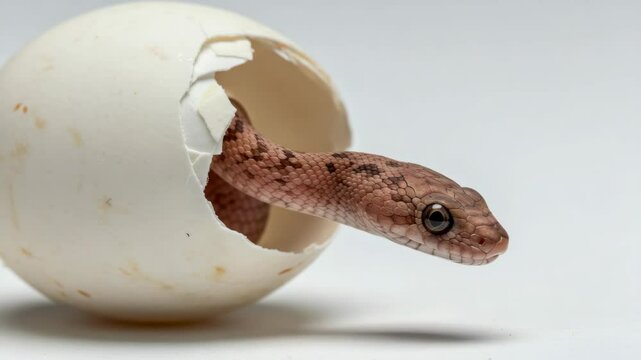 Baby Snake Hatching from Egg - A close-up shot of a newborn snake emerging from its cracked eggshell. The snake is light brown with darker markings