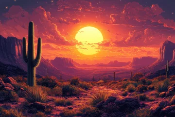 Fotobehang Sunset over desert landscape with cacti and mountains in evening sky © Tanu