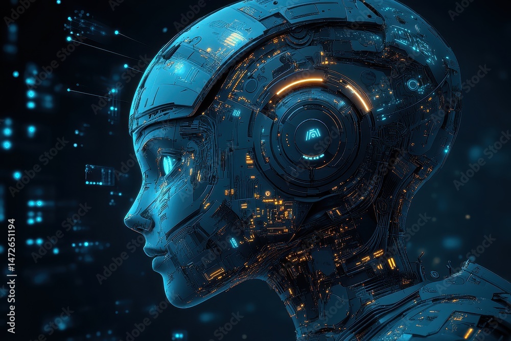 Poster futuristic robotic head illuminated with intricate circuitry and glowing elements in a digital setti