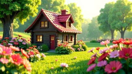 Obraz premium Cozy fairytale-style wooden cottage surrounded by blooming flowers and lush trees.