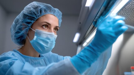 A scientist in protective gear works intently with laboratory equipment, emphasizing safety and meticulous attention to scientific procedures.