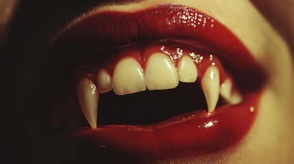 Close-Up of Red Lips with Vampire Fangs Showing Blood and Sharp Teeth in Dark Horror Aesthetic