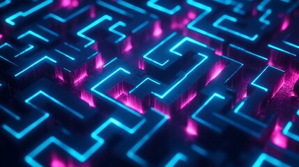 Intricate glowing maze.  Complex pathways of neon blue and pink light