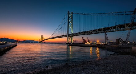 Obraz premium Twilight Serenity: Akashi Kaikyo Bridge Glows Against the Orange and Red Sunset Sky Over Kobe Port and Ocean