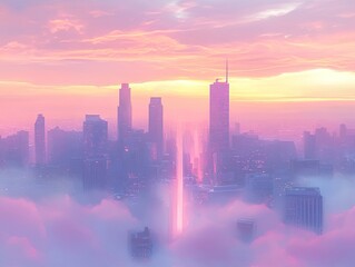 Fototapeta premium Pink Sky Over Metropolis Skyline with Towers Peeking Through Fluffy Clouds