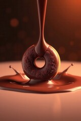 Fototapeta premium Chocolate covered donut with chocolate being poured over. Rich brown, sweet, and delicious dessert.