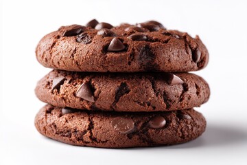 Fototapeta premium Decadent Double Chocolate Chip Cookie Stack on White Background - Irresistible Treat for Dessert Lovers