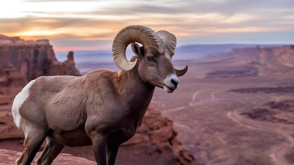 Fototapeta premium Majestic ram standing proudly on a rocky ledge overlooking a stunning landscape. The ram has large curved horns and a rugged appearance, with a stunning sunset background.