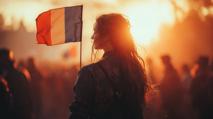 Bastille Day Woman Holding French Flag at Sunset Celebration