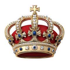 Red and gold royal crown adorned with diamonds and sapphires, isolated on transparent background. Intricate details and luxurious feel