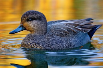 Elegant Male Gadwall Duck Amongst Shimmering Blue Waters and Warm Golden Hues