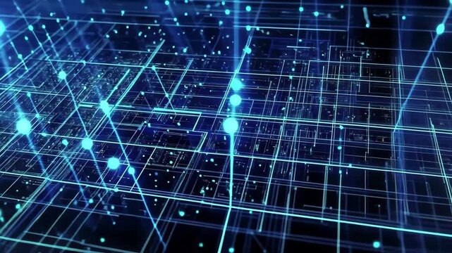 Exploration of blue cyber network grid showcasing artificial neurons in a digital environment, Blue cyber network grid with artificial neurons