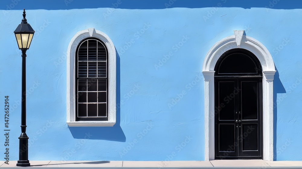 Aufkleber Blue building with a black door and a black lamp post. The lamp post is lit up, creating a warm and inviting atmosphere. The building has a unique architectural design, with arched windows
