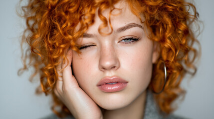 Fototapeta premium A portrait of an attractive young woman with curly red hair, winking and resting her head on one hand against the side of her face