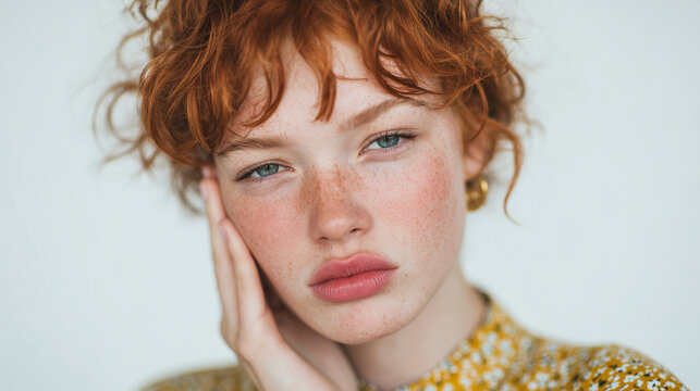 A beautiful woman with red curly hair winking and holding her cheek in pain. She has an elegant and modern hairstyle, wearing silver hoop earrings against a white background. 