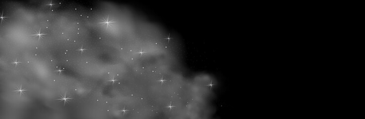 Fototapeta premium Mystery dark background with glowing particles, stardust, and glittering stars, creating a colorful, ethereal fog. 