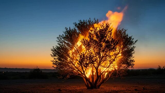 Burning Bush at Sunset - A small bush is engulfed in flames at sunset, creating a dramatic and surreal scene against the vibrant orange and blue sky. The fire's glow illuminates the bush's silhouette