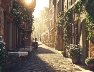Fototapeta premium Quaint European street scene, lined buildings, brickwork, cobblestone road, plants, sunlight