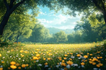 Obraz premium Bright and vibrant wildflower meadow under clear blue sky surrounded by lush green trees during early morning light