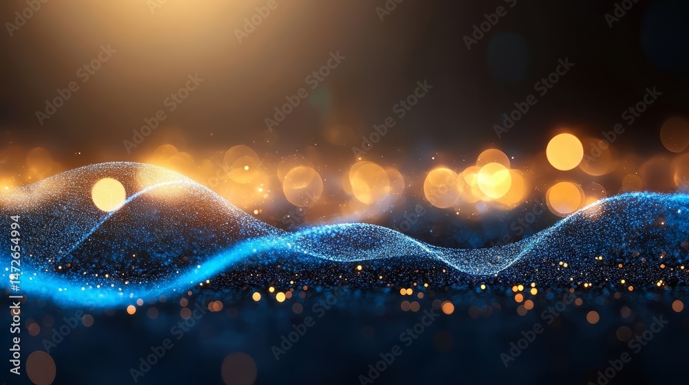 Leinwandbilder blue wave with a lot of sparkles and a yellow background. the blue wave is very long and the sparkle