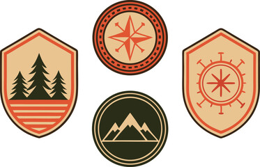 Vintage adventure badges and outdoor exploration emblems with retro travel logos and nature inspired icons 