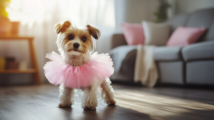 Small dog wearing pink tutu costume in cozy living room  