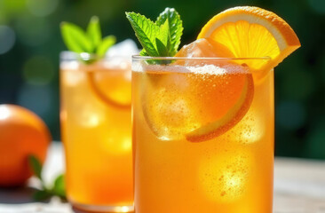 Two orange cocktails on the table, orange and green bokeh out of focus at the back, close-up