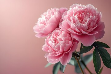 Obraz premium Beautiful pink peonies blooming against a soft pink background in a serene indoor setting showcasing nature's elegance