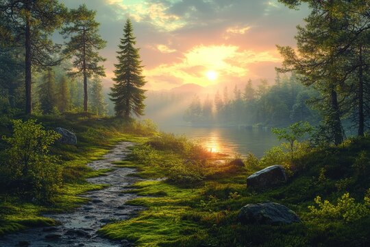 Sunlit forest path by tranquil lake at dawn with vibrant sunrise reflection