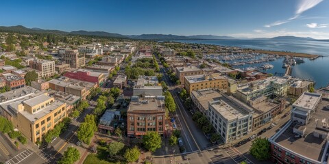 Fototapeta premium Panoramic Aerial Perspective of Bellingham, WA: A Vibrant City Landscape with Waterfront and Architecture under a Sunny Sky