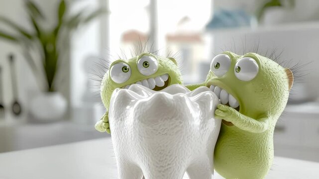 Monsters humorously try to bite a white tooth, destructive effects of tooth decay, emphasizing the need for brushing, proper mouth hygiene, and visiting the dentist for lasting dental health.