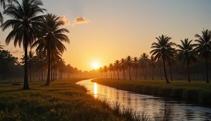 Obraz premium Serene Sunrise Over a Tropical Canal