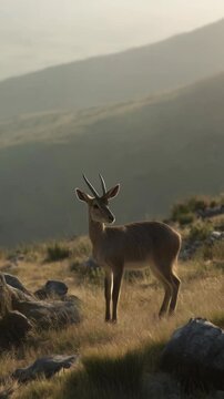 Alert reedbuck standing alert on a grassy hillside under the morning light overlooking rolling mountains in Africa.