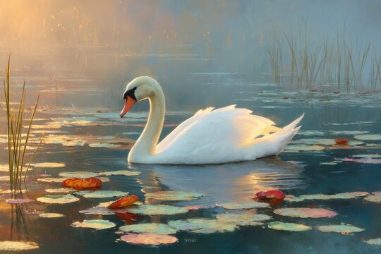 A serene swan gliding on a tranquil lake at dusk, elegance and peace