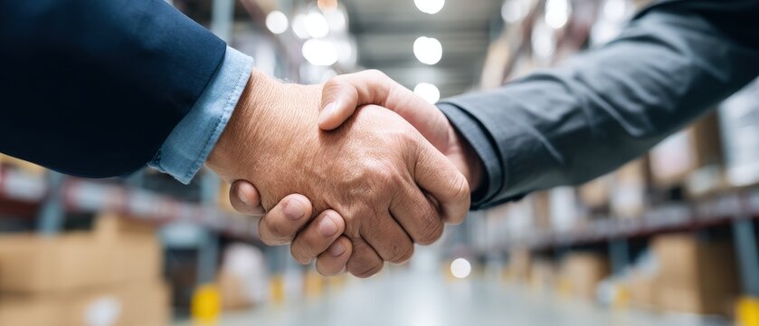 Two businessmen shaking hands in a warehouse setting. - Powered by Adobe