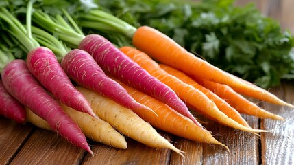 Colorful Carrots on Wooden Table