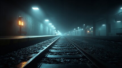 Underground Train Tracks Leading into Darkness – Moody Railway Scene with Dramatic Lighting and Perspective