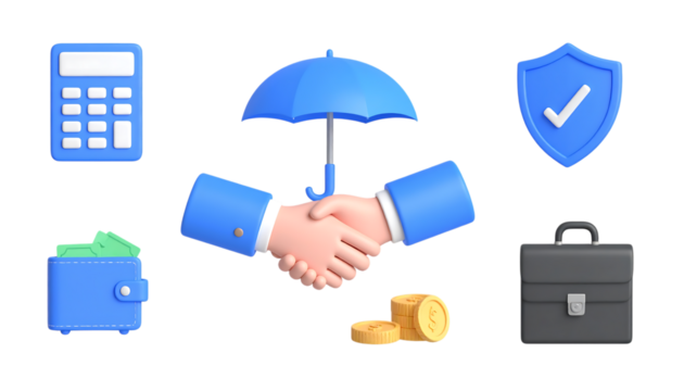 3d business icon set. Calculator, safe, wallet with money, briefcase, umbrella, shield, cash receipt, handshake. career, commercial, earning, finance, handshake, job, management, money, payment, - Powered by Adobe