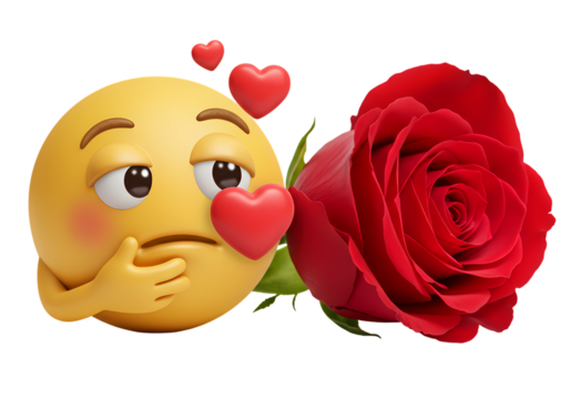 Cute Emoji with Red Rose Valentines Day Image isolated on transparent background
