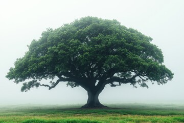 Fototapeta premium Majestic oak tree stands alone in a foggy landscape, showcasing nature's beauty at dawn