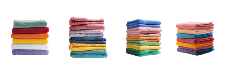 A stack of folded colorful cotton towels, photographed in a studio with soft shadows and isolated on a transparent background to highlight texture and cleanliness