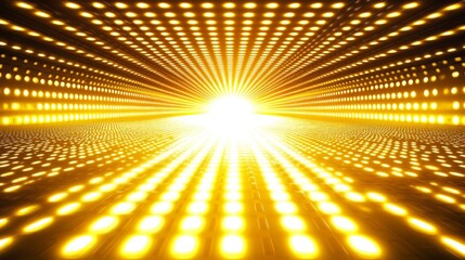 Bright yellow lighted room with a large white light shining through the center. The room is filled with many small lights that are all lit up