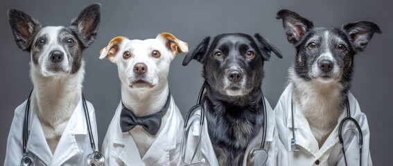Four dogs dressed as doctors wearing lab coats.